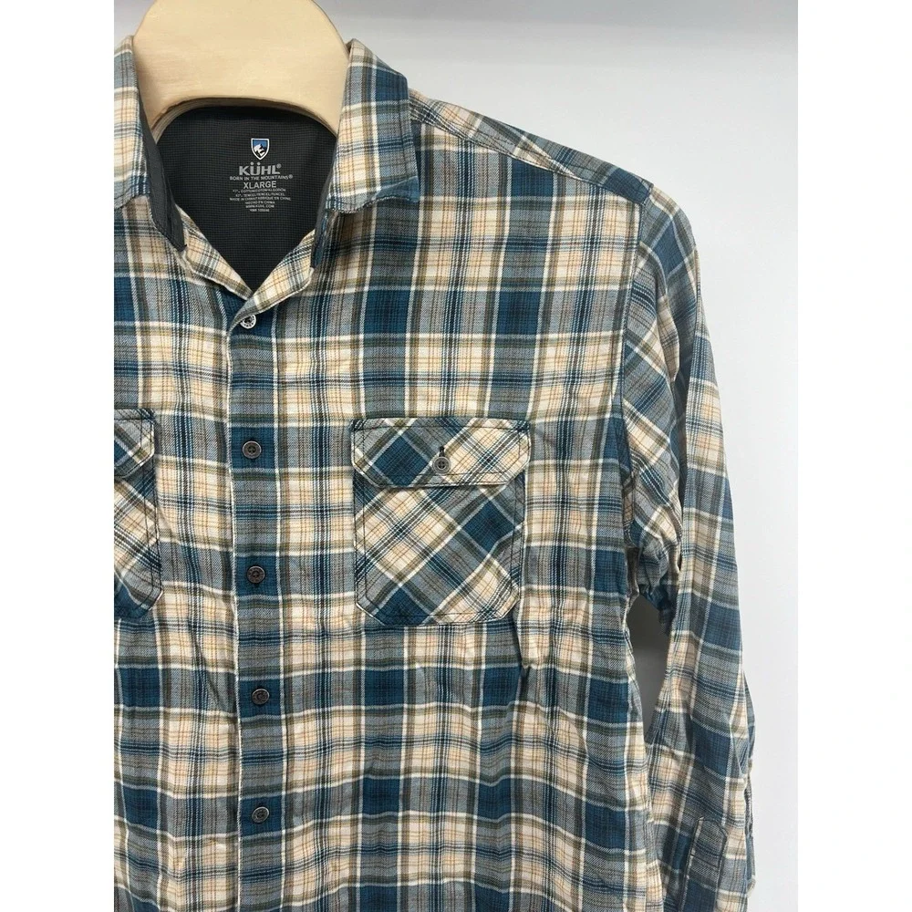 Kuhl XL Mens Lightweight Flannel Shirt Plaid Blue Tan White Cotton Blend - Picture 2 of 8